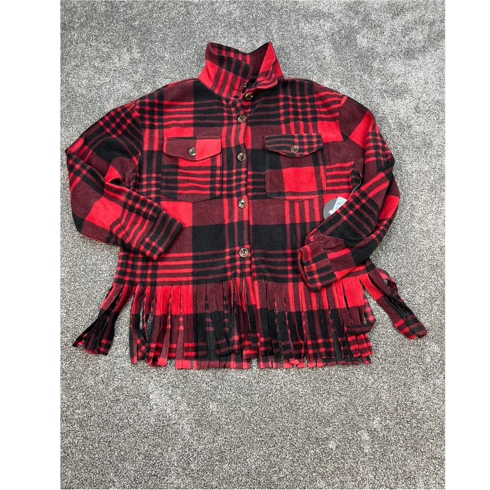 JOLIE & JOY Women Red Black Plaid Fringe Shirt Jacket Button Down Small NEW